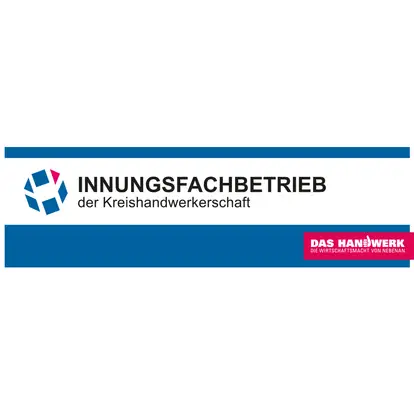 Logo Innungsfachbetrieb,
 blau weiß gestreift,
 Text Innungsfachbetrieb der Kreishandwerkerschaft,
 unten rechts Logo Das Handwerk auf pinkem Hintergrund